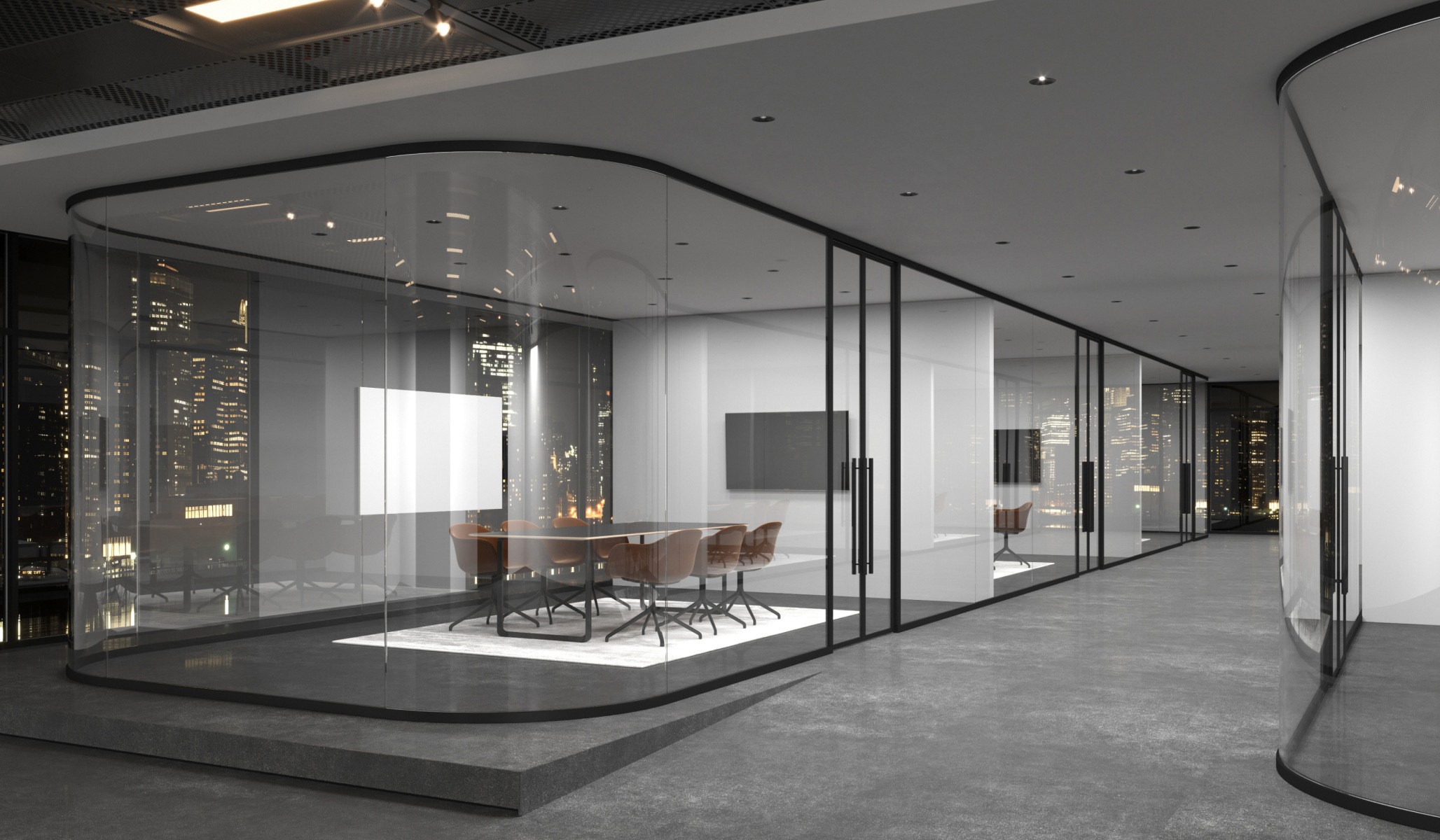 Frameless curved glass partition wall in office